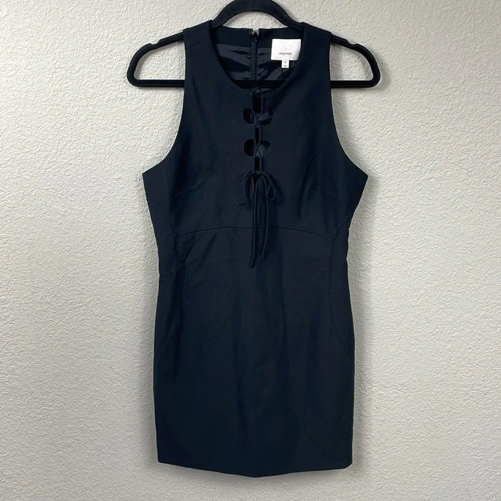 NWT Cinq a Sept Irene Dress Black Lace Up Tie Cut Out Mini Sheath Sz 10